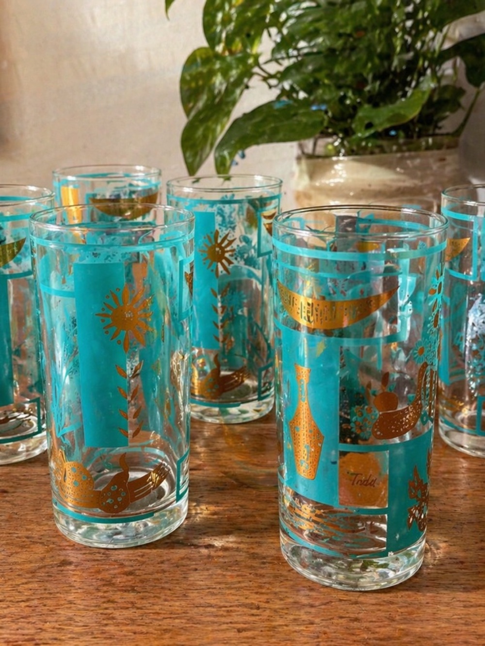 Vintage Turquoise & Gold Mid-Century Cocktail Glasses - Set